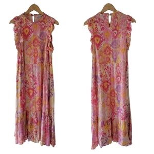 Canyon Retreat Pink Purple Midi Dress M Tiered Ruffle Sleeve Cottagecore Resort
